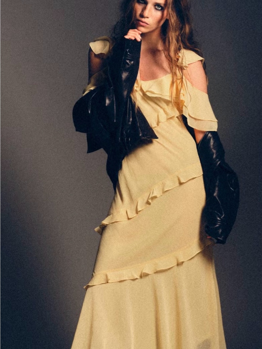 Zara Pale Yellow  Ruffle Maxi Dress
